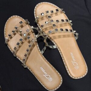 Forever 21 Clear-Strap Tan Stud Slide Sandals